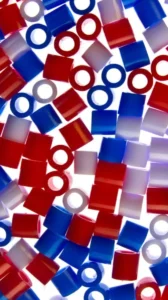 Colorful red, white, and blue plastic beads