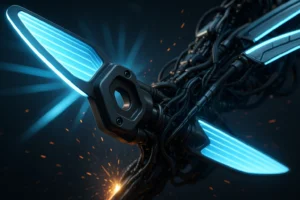 Close-up of a robotic arm with glowing blue elements