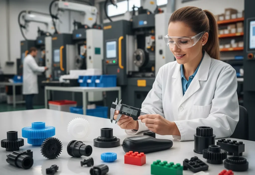 Woman in lab coat measuring gears with calipers