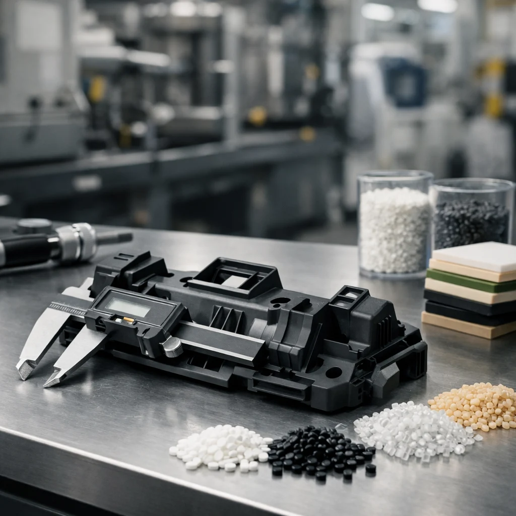 Caliper and various plastic materials on a workbench