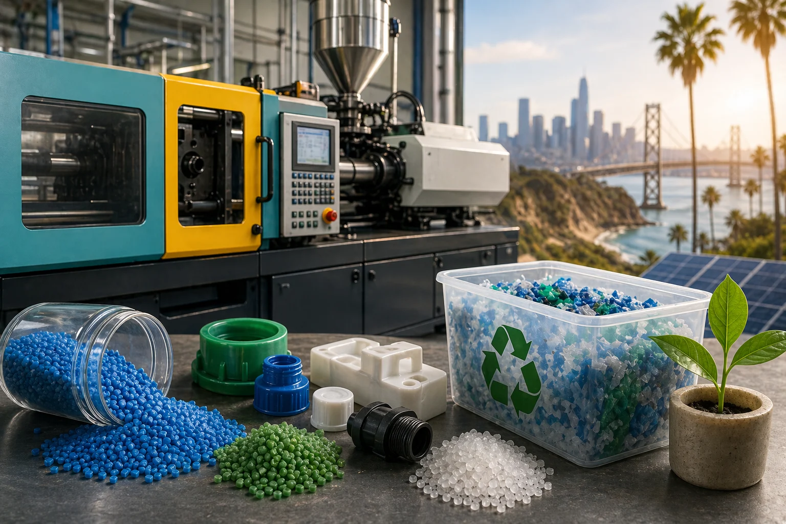 Plastic molding machine with colorful materials in California